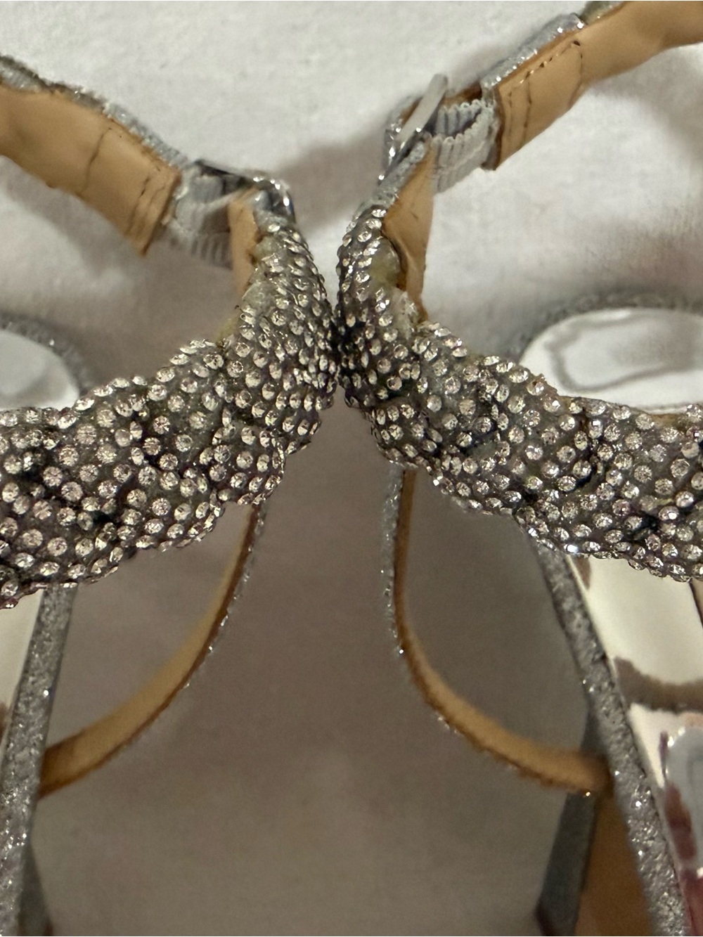 Badgley Mischka Fennel Silver Braided Crystal Strap Spool Heel Sandals - Picture 6 of 9